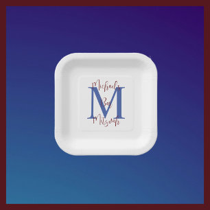 Bar Mitzvah White Blue Burgundy Name Monogram Paper Plates