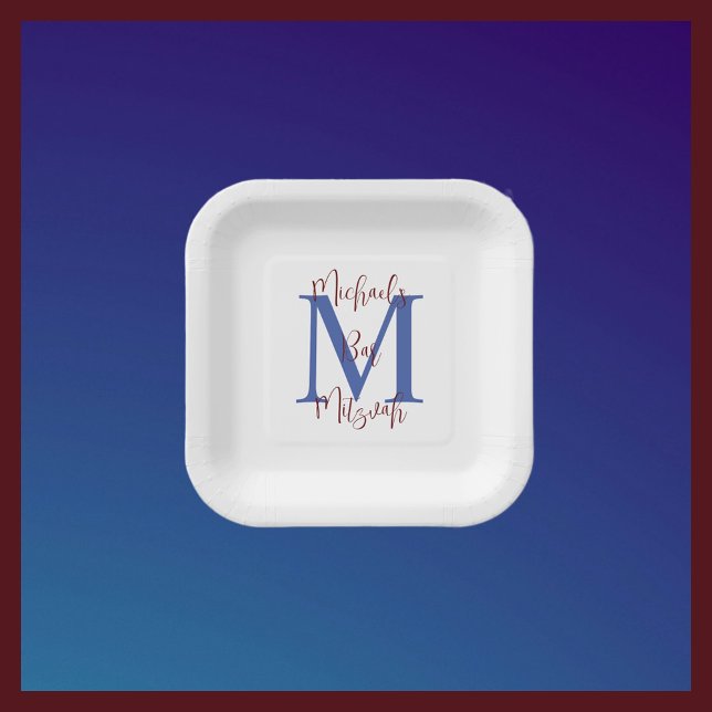 Bar Mitzvah White Blue Burgundy Name Monogram Paper Plates (Creator Uploaded)