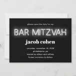 Bar Mitzvah White Neon Lights Save The Date Invitation<br><div class="desc">Cool modern bar mitzvah save the date announcement with "bar mitzvah" in white glowing neon lights against a black background.</div>