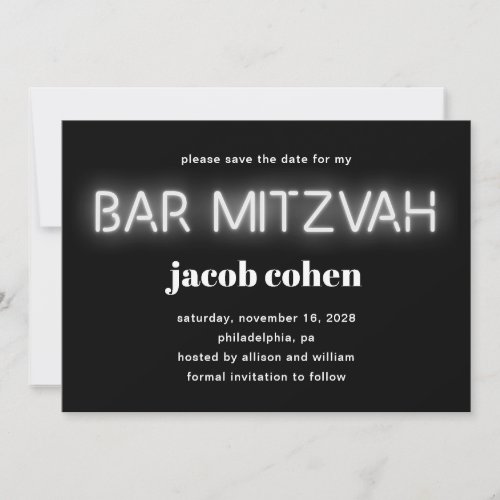 Bar Mitzvah White Neon Lights Save The Date Invitation