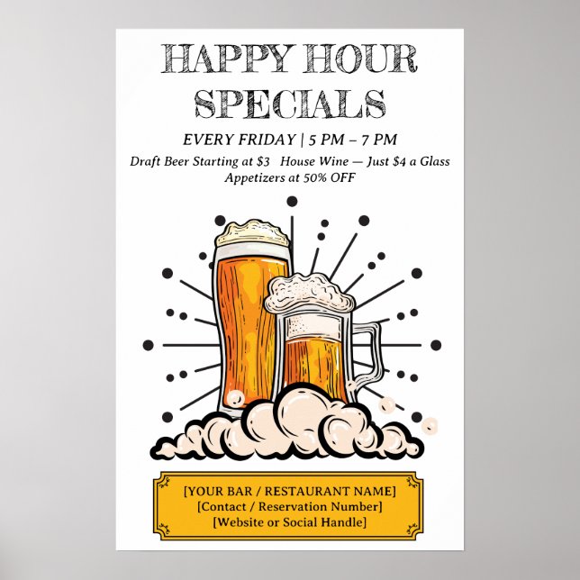Bar & Restaurant Custom Happy Hour Poster (Front)