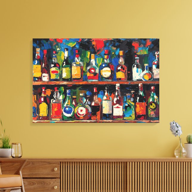 "Bar Shelf Bottle Collection" (Style 7) Canvas Print (Insitu(LivingRoom))
