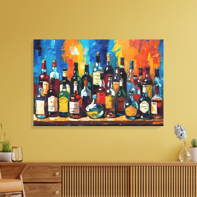 "Bar Shelf Bottle Collection" (Style 9) Canvas Print (Insitu(LivingRoom))