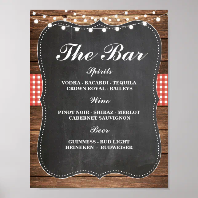 Bar Sign Wedding Reception Rustic Chalk Red Check | Zazzle