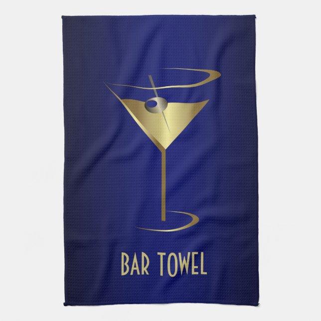 Bar Towel Blue and Gold Martini Glass (Vertical)