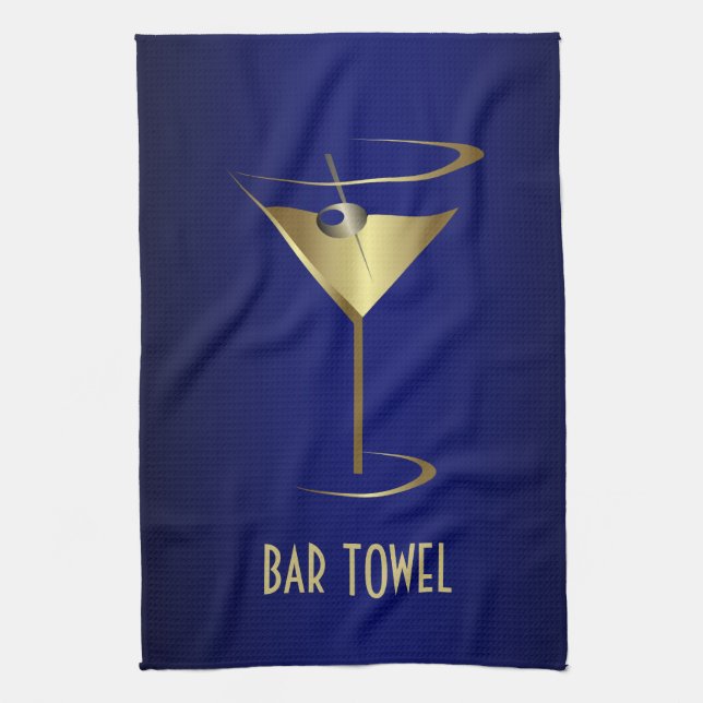 Bar Towel Blue and Gold Martini Glass (Vertical)