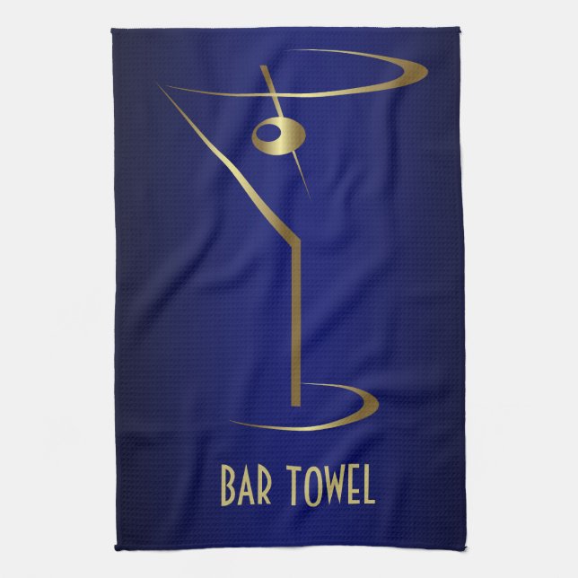 Bar Towel Blue and Gold Martini Glass (Vertical)