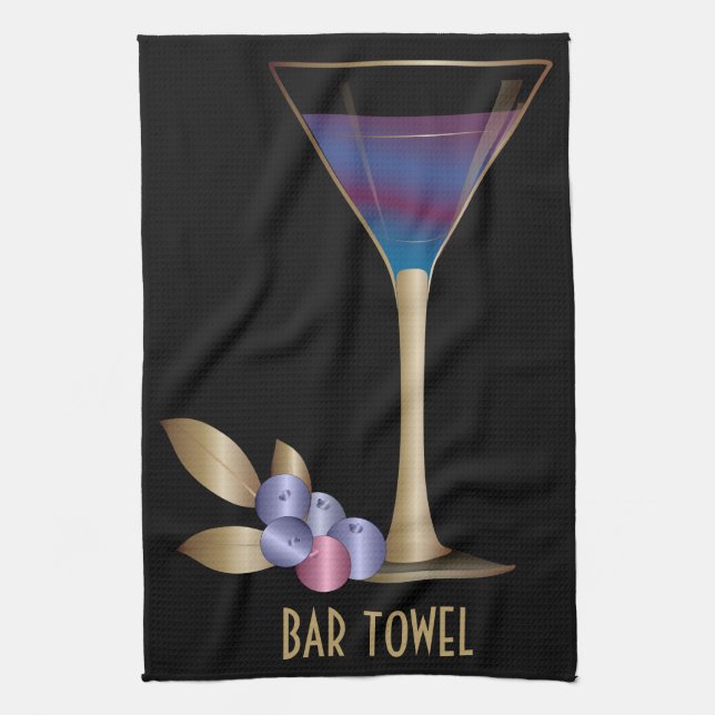 Bar Towel Blueberry Gold Martini Glass (Vertical)