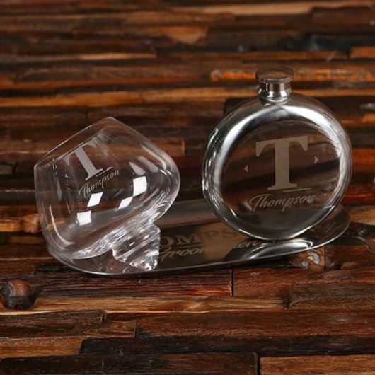 Bar Tray and Flask Set with Rocking Whiskey Glass (Front)