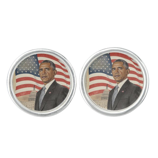Barack Obama in front of American Flag and Capitol Cufflinks (Front)