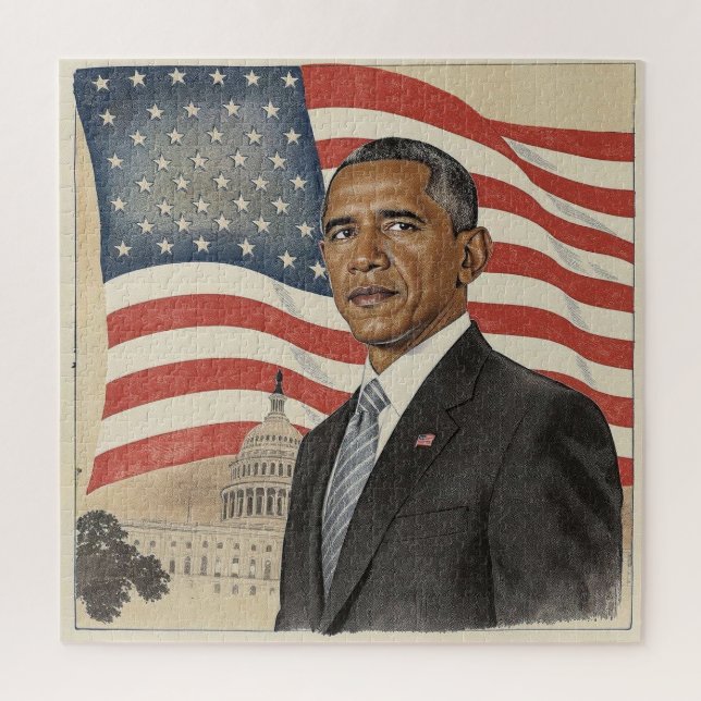 Barack Obama in front of American Flag and Capitol Jigsaw Puzzle (Vertical)