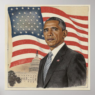 Barack Obama in front of American Flag and Capitol Poster