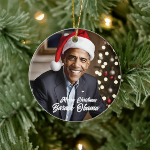 Barack Obama in Santa Hat Christmas Ceramic Ornament