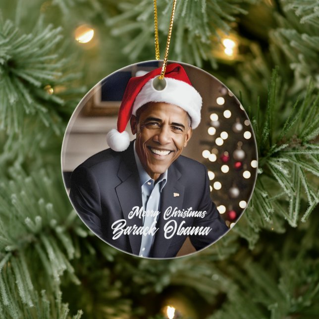 Barack Obama in Santa Hat Christmas Ceramic Ornament (Tree)