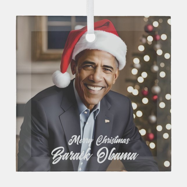  Barack Obama in Santa Hat Christmas Glass Ornament (Front)