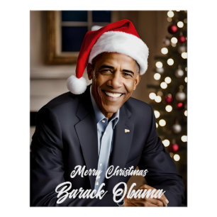 Barack Obama in Santa Hat Christmas Poster
