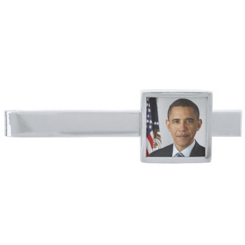 Barack Obama US President White House Portrait  Silver Finish Tie Bar