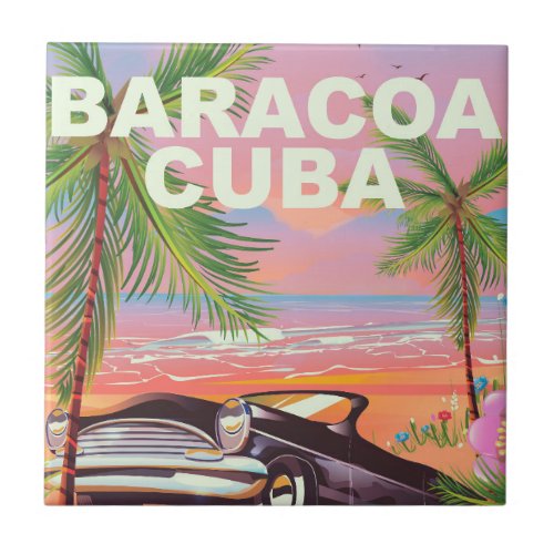 Baracoa Cuba auto travel poster Tile