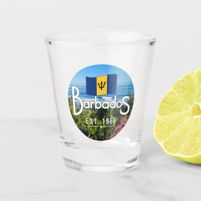"Barbados Est. 1966" East Coast View With Flag Shot Glass (Front)