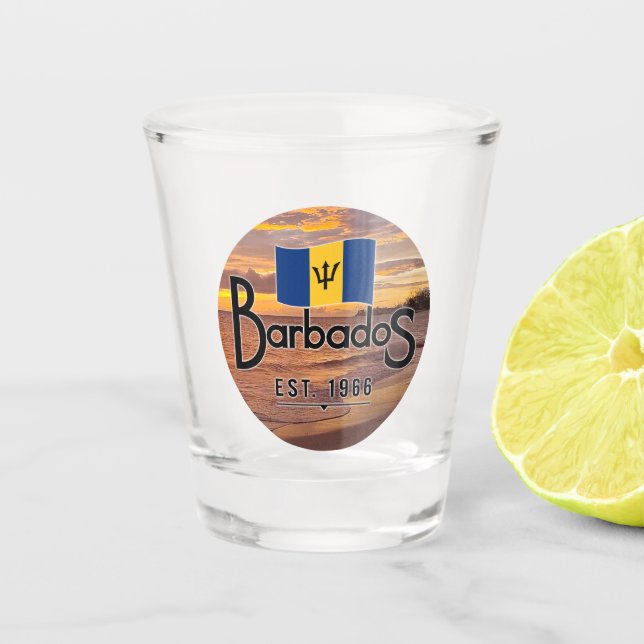 "Barbados Est. 1966" Sunset With Barbados Flag Shot Glass (Front)