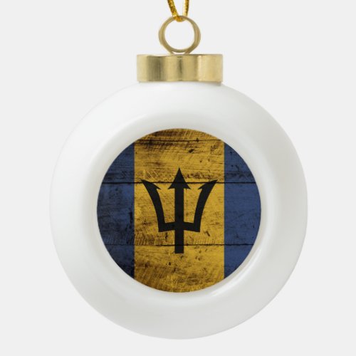 Barbados Flag on Old Wood Grain Ceramic Ball Christmas Ornament