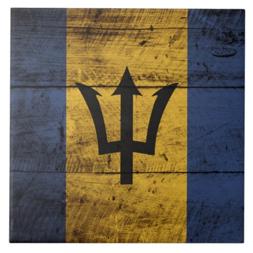 Barbados Flag on Old Wood Grain Ceramic Tile