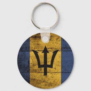 Barbados Flag on Old Wood Grain Keychain