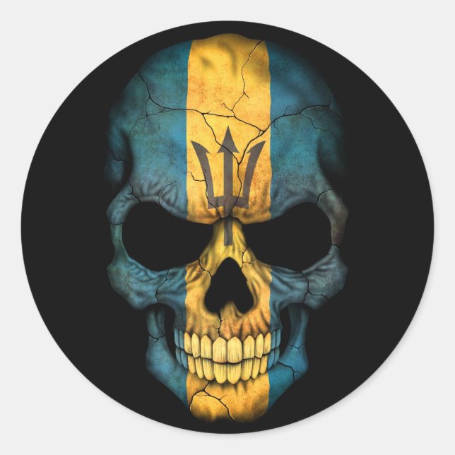 Barbados Flag Skull on Black Classic Round Sticker (Front)