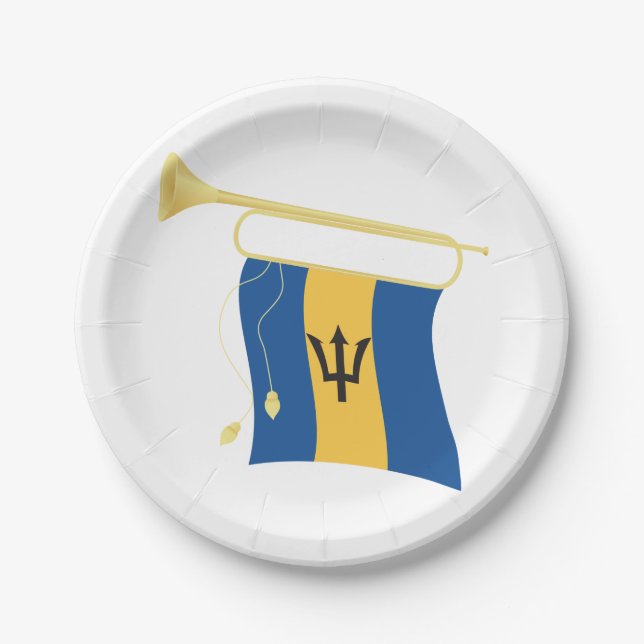 Barbados Flag with Bugle Patriotic Caribbean  Paper Plates (Front)