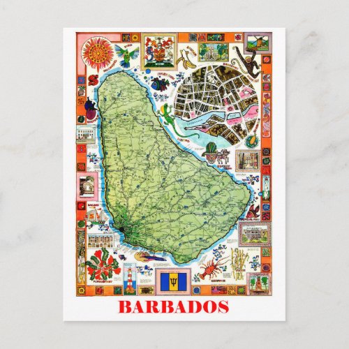 Barbados isle map tourist attractions vintage postcard