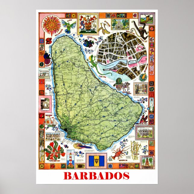 Barbados, isle map, tourist attractions, vintage poster (Front)
