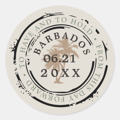 Barbados Passport Stamp with Palm Trees Classic Round Sticker