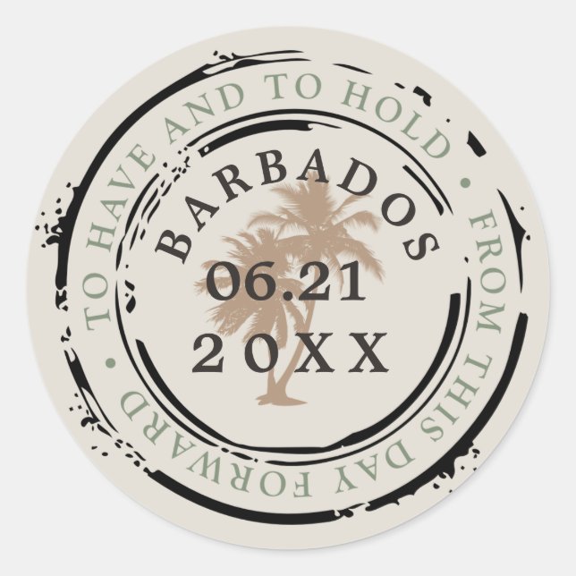 Barbados Passport Stamp with Palm Trees Classic Round Sticker (Front)
