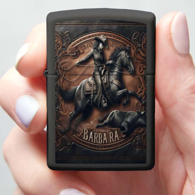 Barbara Leather Carving of Cowgirl on Horse Zippo Lighter (In Hand)