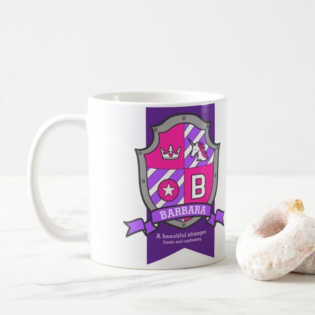 Barbara letter B crest pink unicorn name meaning Coffee Mug (With Donut)