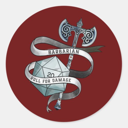 Barbarian roll for damage d20 great axe classic round sticker