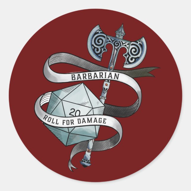 Barbarian roll for damage d20 great axe classic round sticker (Front)