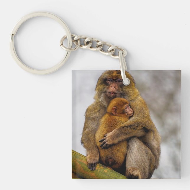 Barbary macaque mum and baby keychain (Front)