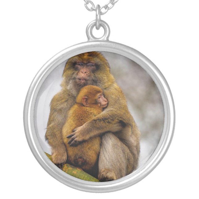 Barbary macaque mum and baby silver plated necklace (Front)
