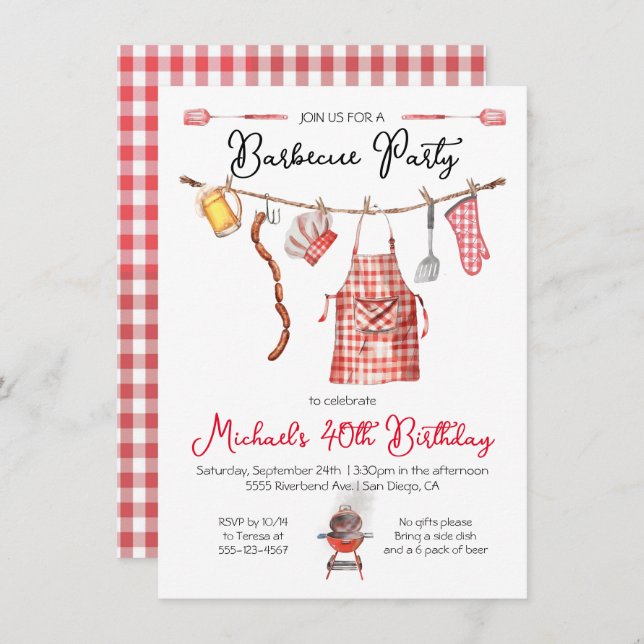 Barbecue BBQ Birthday red Gingham Invitation (Front/Back)