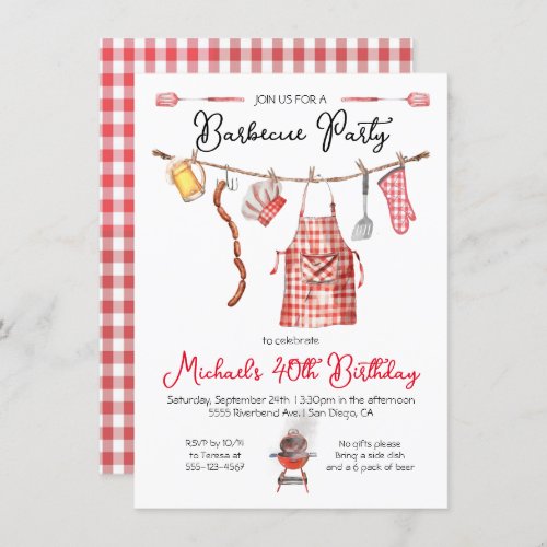 Barbecue BBQ Birthday red Gingham Invitation