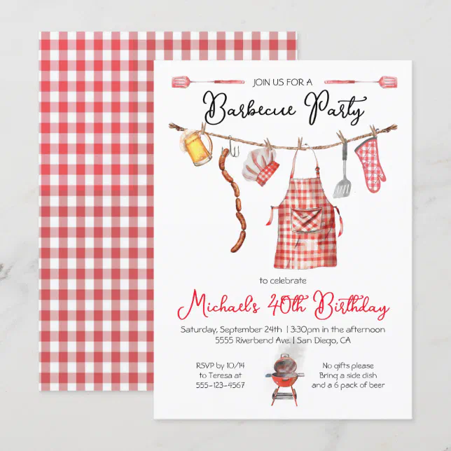 Barbecue BBQ Birthday red Gingham Invitation | Zazzle