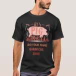 Barbecue BBQ Funny Pig Grill Competition Custom T-Shirt<br><div class="desc">These custom t-shirts are perfect for a summer barbecue competition, pig roast, grill event or cook-off at a festival. The design shows a pink pig over a fire with sausages on forks and the words, "Let's Pig Out!" The rest of the three text templates can be easily changed to fit...</div>