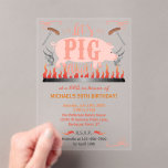 Barbecue BBQ Funny Pig Summer Birthday Party Acrylic Invitations<br><div class="desc">These BBQ or pig roast party acrylic invitations are perfect for any outdoor summer party occasion, such as a birthday or a backyard grill party with friends. The design shows a pink pig over a fire with sausages on forks and the words, "Let's Pig Out!" Easily personalize through the templates....</div>