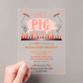Barbecue BBQ Funny Pig Summer Birthday Party Acrylic Invitations