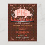 Barbecue BBQ Funny Pig Summer Birthday Party Invitation Postcard<br><div class="desc">These BBQ or pig roast party invitation postcards are perfect for any outdoor summer party occasion, such as a birthday or a backyard grill party with friends. The design shows a pink pig over a fire with sausages on forks and the words, "Let's Pig Out!" The design also includes flourishes...</div>