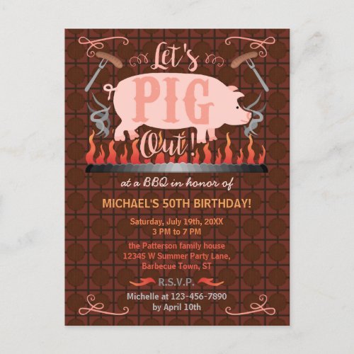 Barbecue BBQ Funny Pig Summer Birthday Party Invitation Postcard