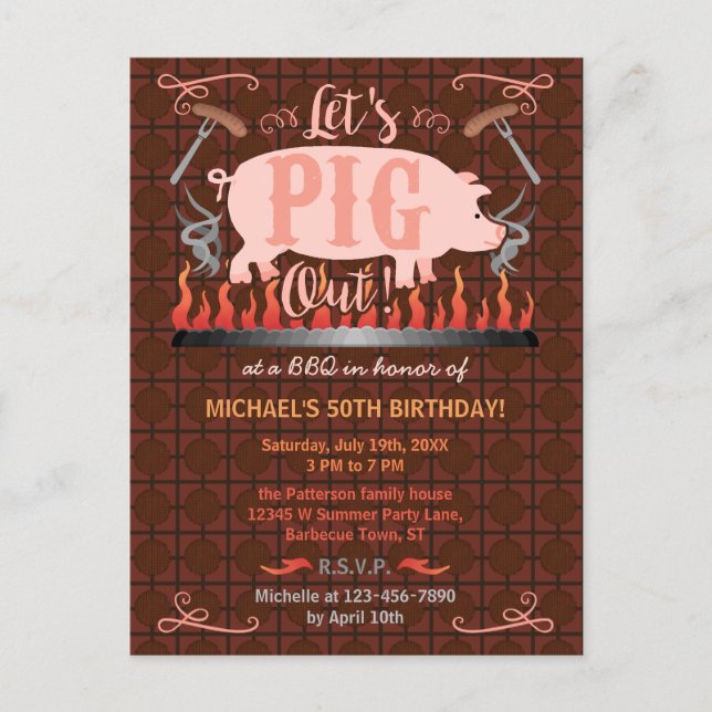 Barbecue BBQ Funny Pig Summer Birthday Party Invitation Postcard (Front)