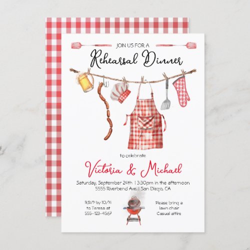 Barbecue BBQ Rehearsal Dinner red Gingham Invitation