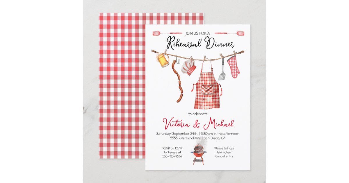 Barbecue BBQ Rehearsal Dinner red Gingham Invitation Zazzle